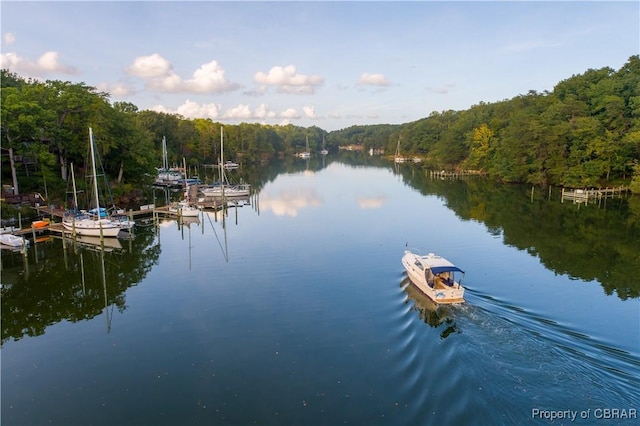 view of water feature with a floating dock and a wooded view
