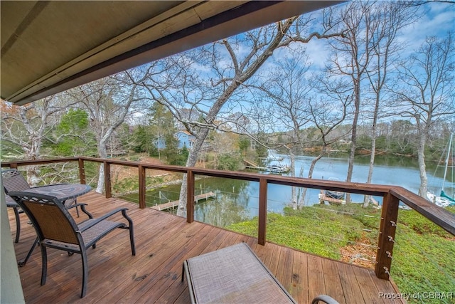 wooden deck featuring a water view