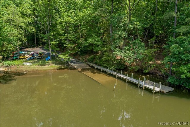 dock area with a wooded view and a water view