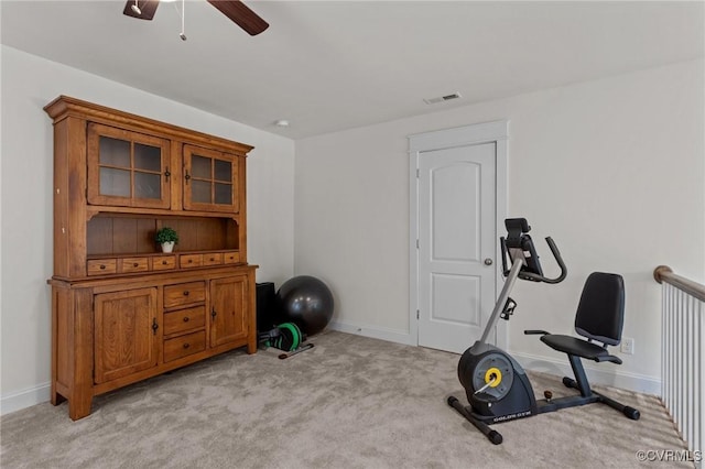 5530 Tyshire Pkwy, Providence Forge, VA 23140 - exercise room with baseboards, light carpet, and a ceiling fan