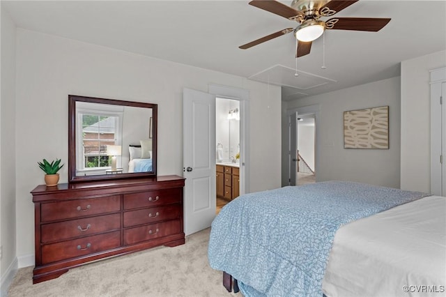 5530 Tyshire Pkwy, Providence Forge, VA 23140 - bedroom featuring attic access, light carpet, ensuite bath, and a ceiling fan
