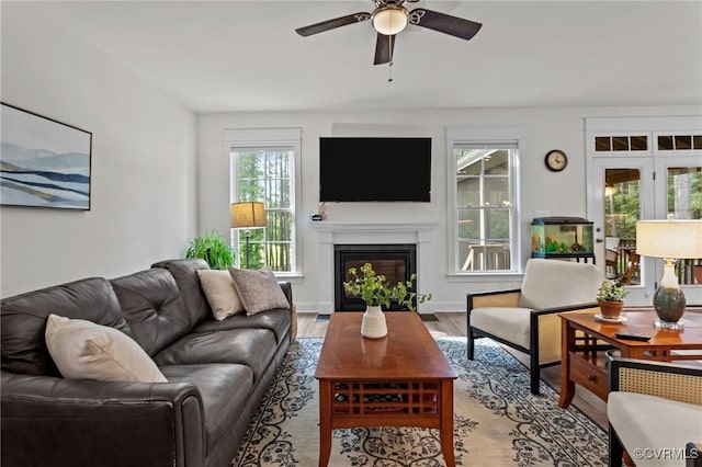 5530 Tyshire Pkwy, Providence Forge, VA 23140 - living room with ceiling fan, a glass covered fireplace, and wood finished floors
