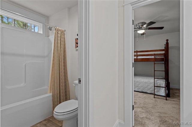 5530 Tyshire Pkwy, Providence Forge, VA 23140 - bathroom featuring ceiling fan, toilet, and shower / tub combo with curtain