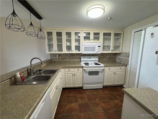 301 Beacon Ridge Dr Unit 607, Hopewell, VA 23860 - kitchen featuring white appliances, a sink, backsplash, pendant lighting, and glass insert cabinets