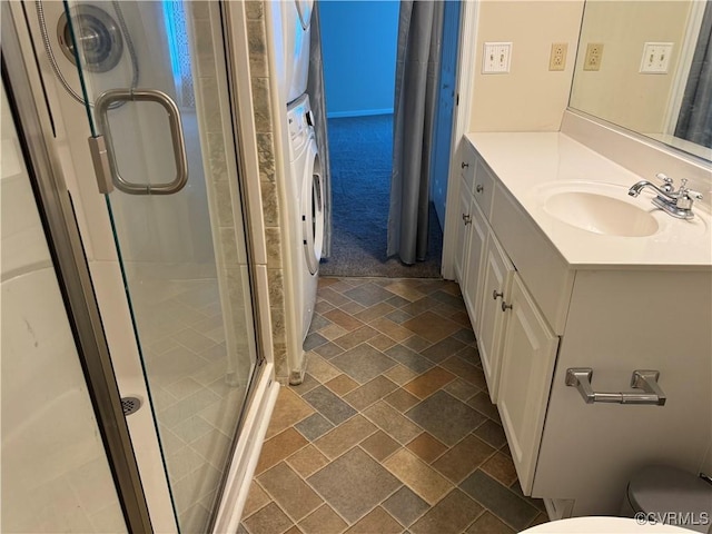 301 Beacon Ridge Dr Unit 607, Hopewell, VA 23860 - full bathroom with stacked washer / drying machine, a stall shower, vanity, and toilet
