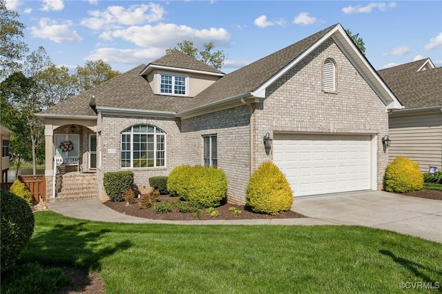 traditional home featuring a front lawn, brick siding, roof with shingles, and concrete driveway