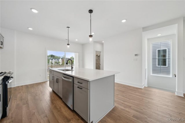 12129 Morning Walk, Henrico, VA 23233 - kitchen featuring appliances with stainless steel finishes, gray cabinetry, a sink, light countertops, and light wood-style flooring