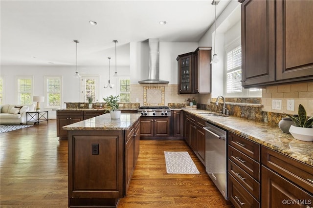 1300 Baltrey Ln, Midlothian, VA 23112 - kitchen featuring wall chimney range hood, stainless steel appliances, healthy amount of natural light, dark wood finished floors, and recessed lighting