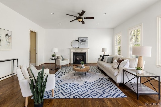 1300 Baltrey Ln, Midlothian, VA 23112 - living room featuring wood finished floors, ceiling fan, a fireplace with flush hearth, recessed lighting, and baseboards