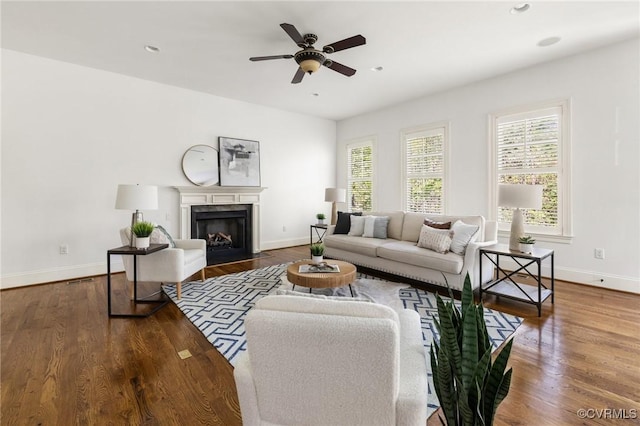 1300 Baltrey Ln, Midlothian, VA 23112 - living area with baseboards, a ceiling fan, wood finished floors, a high end fireplace, and recessed lighting