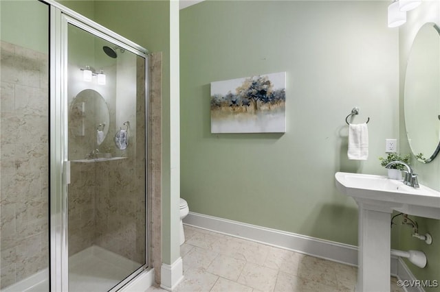1300 Baltrey Ln, Midlothian, VA 23112 - bathroom with toilet, a stall shower, and baseboards