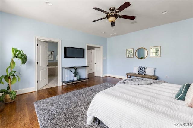 1300 Baltrey Ln, Midlothian, VA 23112 - bedroom featuring baseboards, wood finished floors, recessed lighting, a ceiling fan, and ensuite bathroom