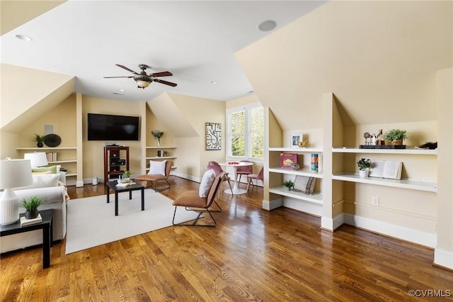 1300 Baltrey Ln, Midlothian, VA 23112 - sitting room with built in shelves, wood finished floors, ceiling fan, vaulted ceiling, and recessed lighting