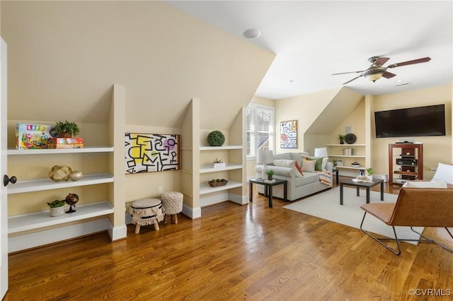 1300 Baltrey Ln, Midlothian, VA 23112 - living room featuring ceiling fan, wood finished floors, built in features, and vaulted ceiling