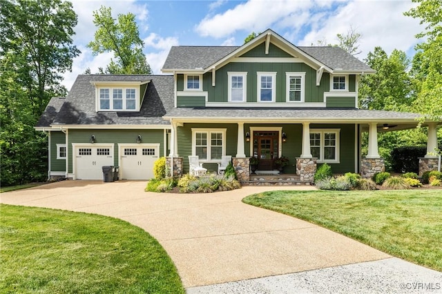 1300 Baltrey Ln, Midlothian, VA 23112 - craftsman-style home with driveway, a porch, a front lawn, board and batten siding, and stone siding