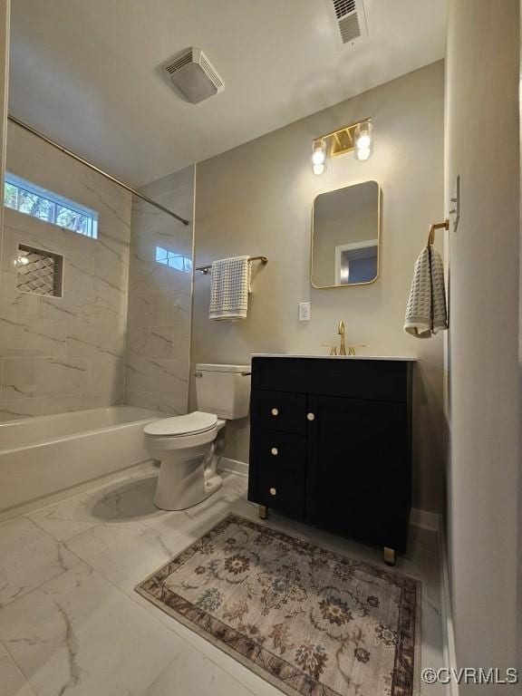 3109 Comet Rd, Richmond, VA 23294 - full bath with visible vents, shower / tub combination, vanity, toilet, and marble finish floor