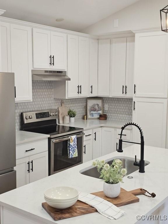 3109 Comet Rd, Richmond, VA 23294 - kitchen featuring appliances with stainless steel finishes, a sink, white cabinetry, backsplash, and under cabinet range hood