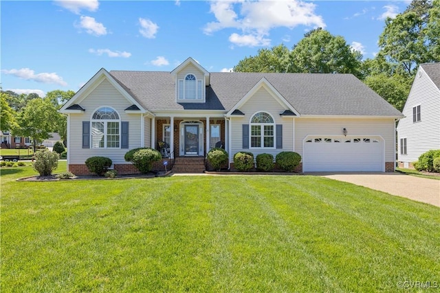 106 Kennon Pointe Ct, Colonial Heights, VA 23834 - cape cod house with a garage, driveway, a front lawn, covered porch, and roof with shingles
