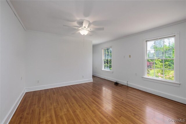 empty room featuring crown molding, a ceiling fan, and wood finished floors