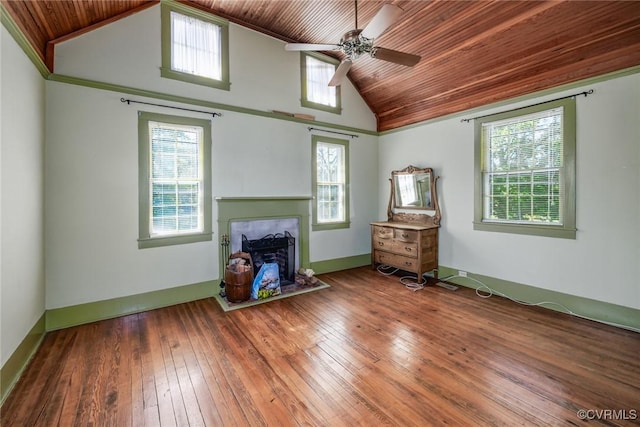 living area with wood-type flooring, a ceiling fan, wood ceiling, and a fireplace
