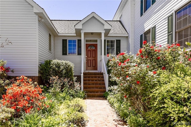 entrance to property featuring roof with shingles