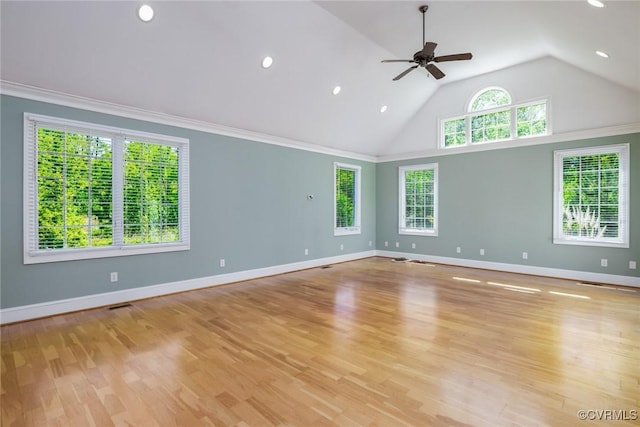 empty room with a ceiling fan, baseboards, recessed lighting, and light wood-type flooring