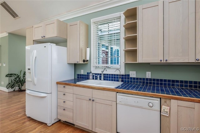 kitchen with open shelves, a sink, light wood-style floors, white appliances, and visible vents