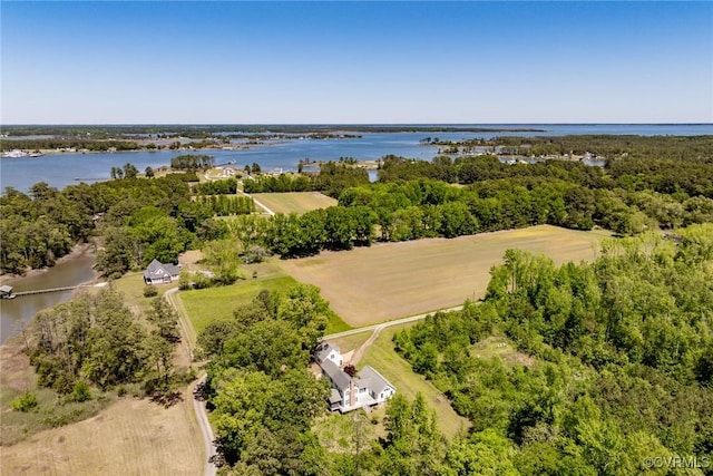 aerial view with a water view and a wooded view