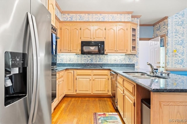419 Dellbrooks Pl, Henrico, VA 23238 - kitchen with black appliances, a sink, light brown cabinets, light wood-style floors, and dark stone countertops