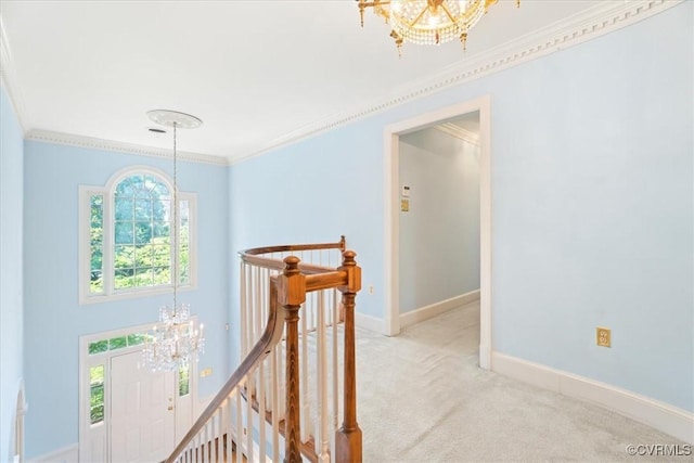 419 Dellbrooks Pl, Henrico, VA 23238 - corridor with a chandelier, an upstairs landing, ornamental molding, carpet flooring, and baseboards