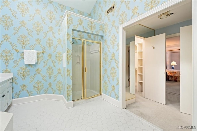 419 Dellbrooks Pl, Henrico, VA 23238 - bathroom featuring a stall shower, vanity, and baseboards