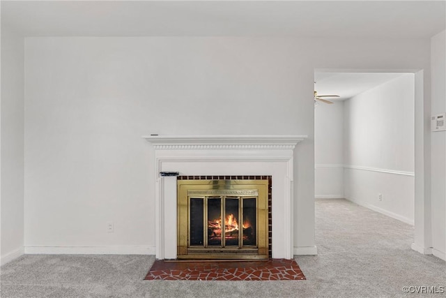3605 Pemberton Ave, Henrico, VA 23222 - detailed view of a fireplace with flush hearth, carpet, ceiling fan, and baseboards