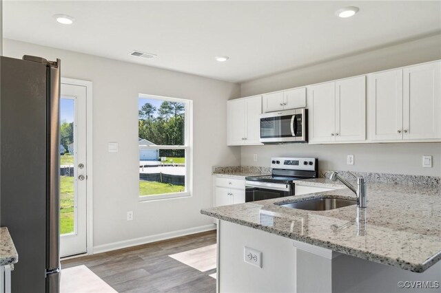 kitchen featuring appliances with stainless steel finishes, light stone countertops, a sink, and light wood-style flooring