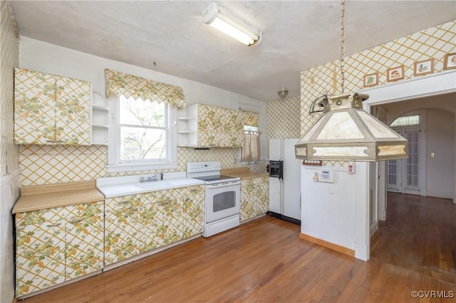 3220 Cliff Ave, Richmond, VA 23222 - kitchen with white appliances, open shelves, wood finished floors, and light countertops