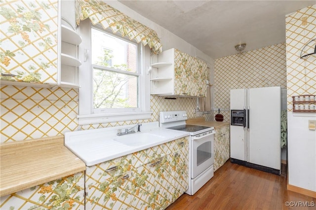 3220 Cliff Ave, Richmond, VA 23222 - kitchen with white appliances, open shelves, a sink, light countertops, and dark wood finished floors