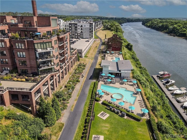 drone / aerial view with a water view