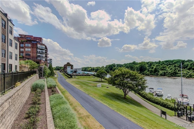 view of street featuring a water view