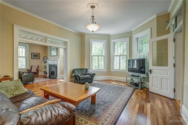 living room with plenty of natural light, a fireplace with flush hearth, and wood finished floors