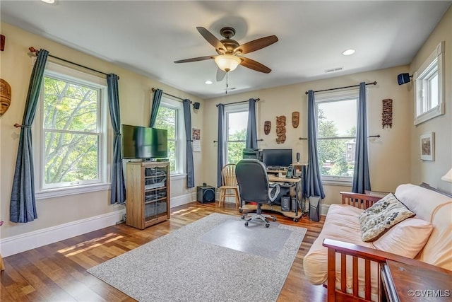 office space featuring ceiling fan, plenty of natural light, and wood finished floors
