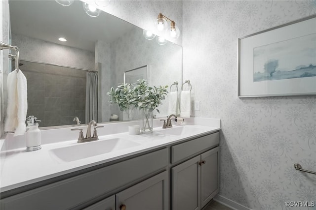507 Golden Haze Aly Unit 17-1, Midlothian, VA 23113 - full bathroom featuring wallpapered walls, double vanity, and a shower with curtain