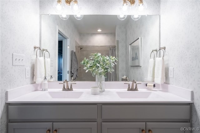 507 Golden Haze Aly Unit 17-1, Midlothian, VA 23113 - full bathroom featuring wallpapered walls, a shower with door, double vanity, and a chandelier