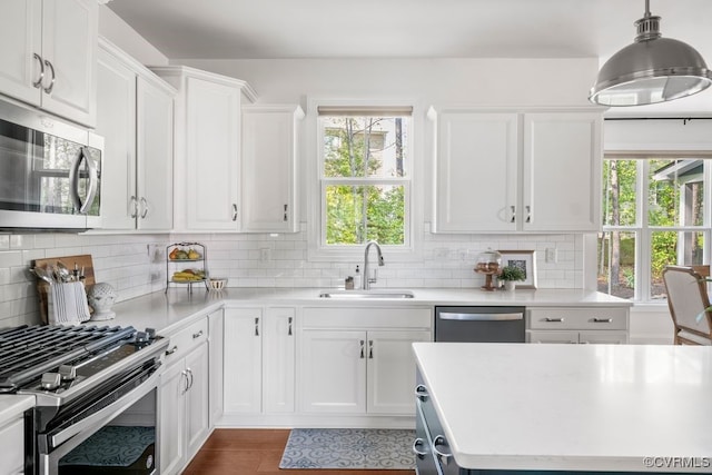 kitchen with a sink, white cabinetry, appliances with stainless steel finishes, and light countertops