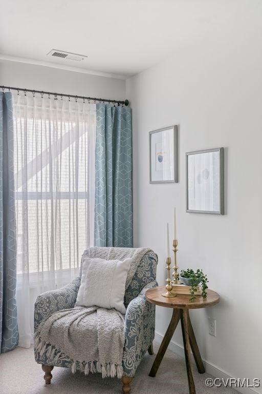 living area featuring visible vents, carpet, plenty of natural light, and baseboards