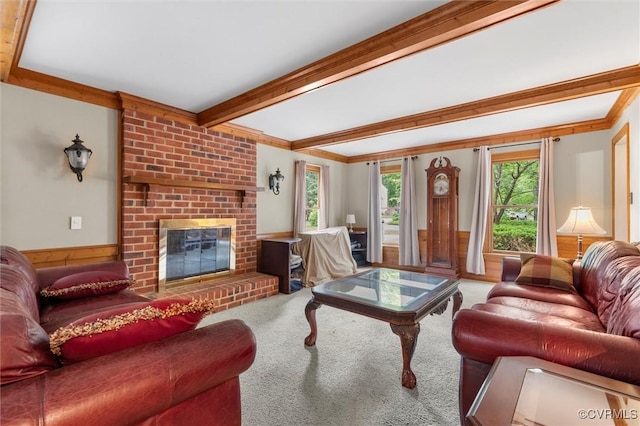 carpeted living room featuring beam ceiling, a fireplace, wainscoting, crown molding, and wooden walls