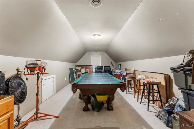 recreation room with lofted ceiling, carpet, and billiards table