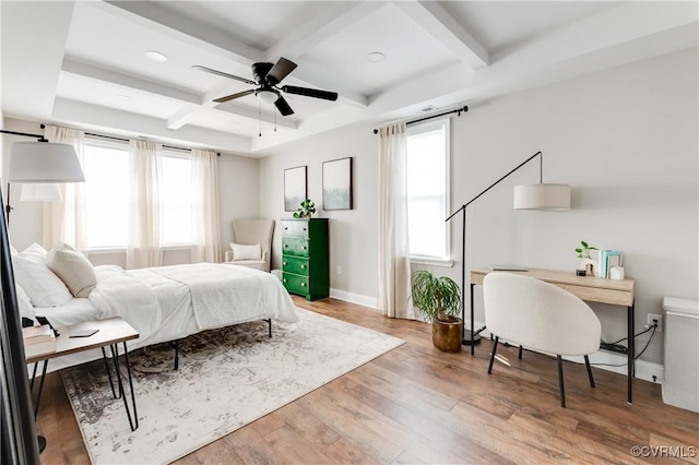 bedroom with wood finished floors, beam ceiling, baseboards, recessed lighting, and coffered ceiling
