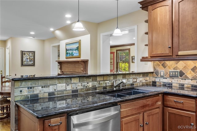 kitchen with a sink, tasteful backsplash, stainless steel dishwasher, and open shelves