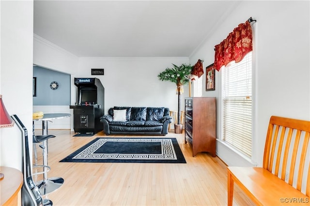 living area featuring crown molding and wood finished floors