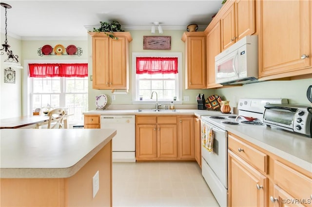kitchen featuring a sink, light brown cabinets, white appliances, light countertops, and ornamental molding