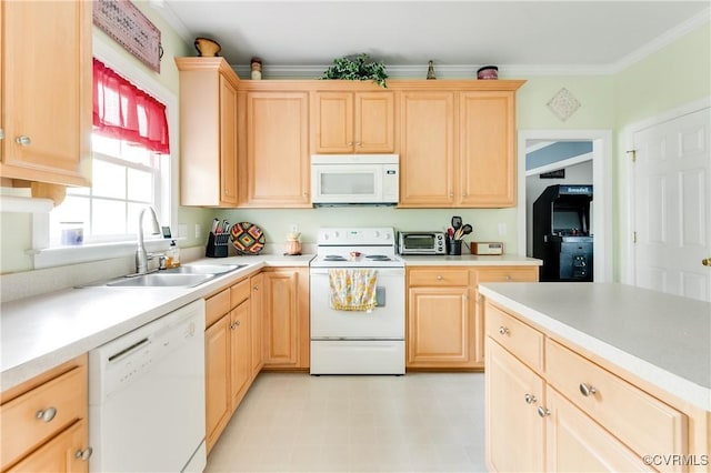 kitchen featuring crown molding, light brown cabinetry, white appliances, light countertops, and a sink
